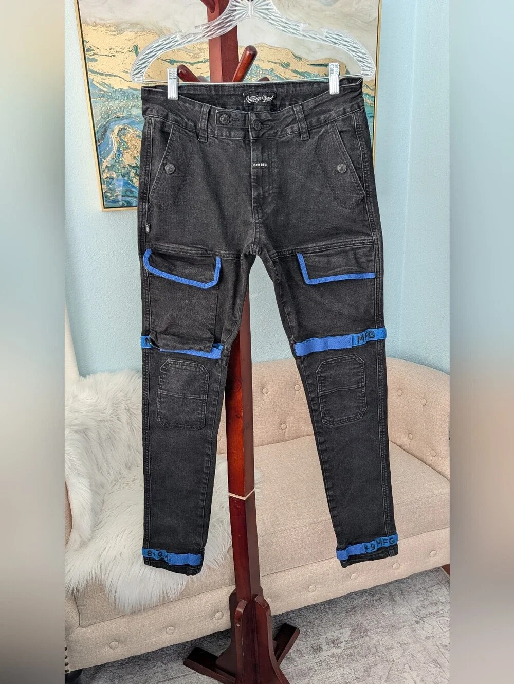 8+9 MFG Vintage Wash Black Cargo Jeans with Blue Trim Size 32